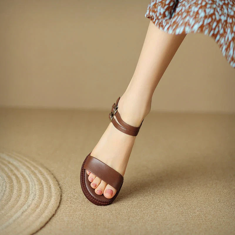 Elegant retro high heel leather sandals in khaki colour, with a sleek design and premium leather construction
