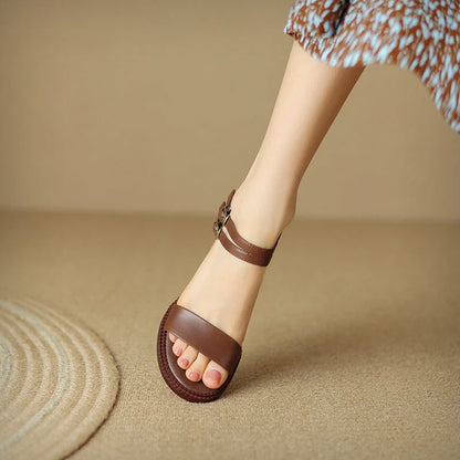 Elegant retro high heel leather sandals in khaki colour, with a sleek design and premium leather construction