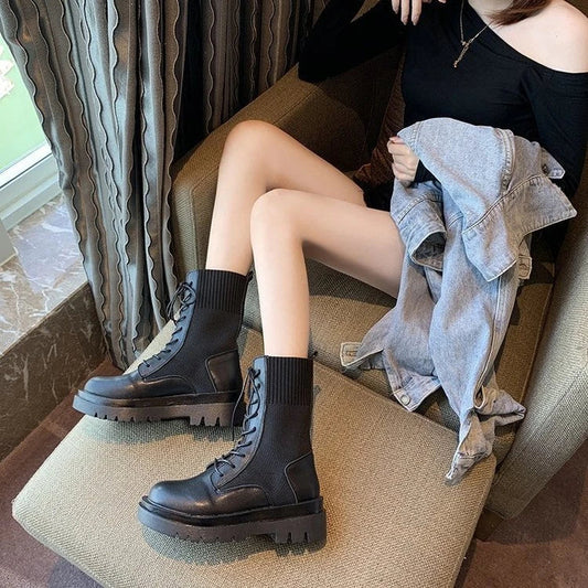 Stylish British-inspired knitted stretch platform ankle boots in various colours