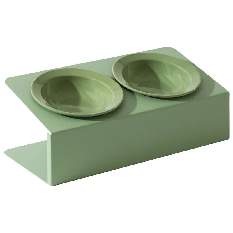 Stylish elevated ceramic pet bowls with an iron stand, designed for both cats and small dogs.