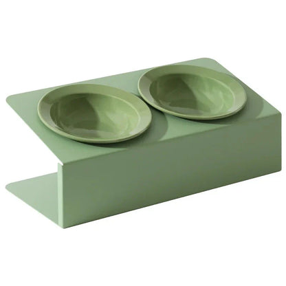 Stylish elevated ceramic pet bowls with an iron stand, designed for both cats and small dogs.