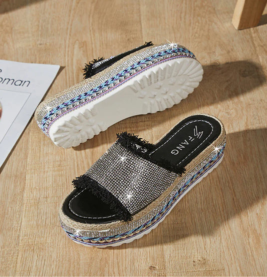 Stylish sponge cake elevated women's slippers in beige, black, and yellow colours