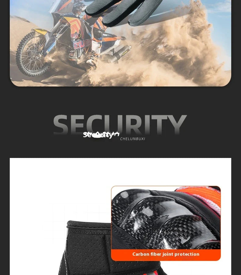 Pair of high-performance motorcycle riding gloves made from carbon fibre, featuring a sleek black design and reinforced palm and knuckle areas for superior protection.