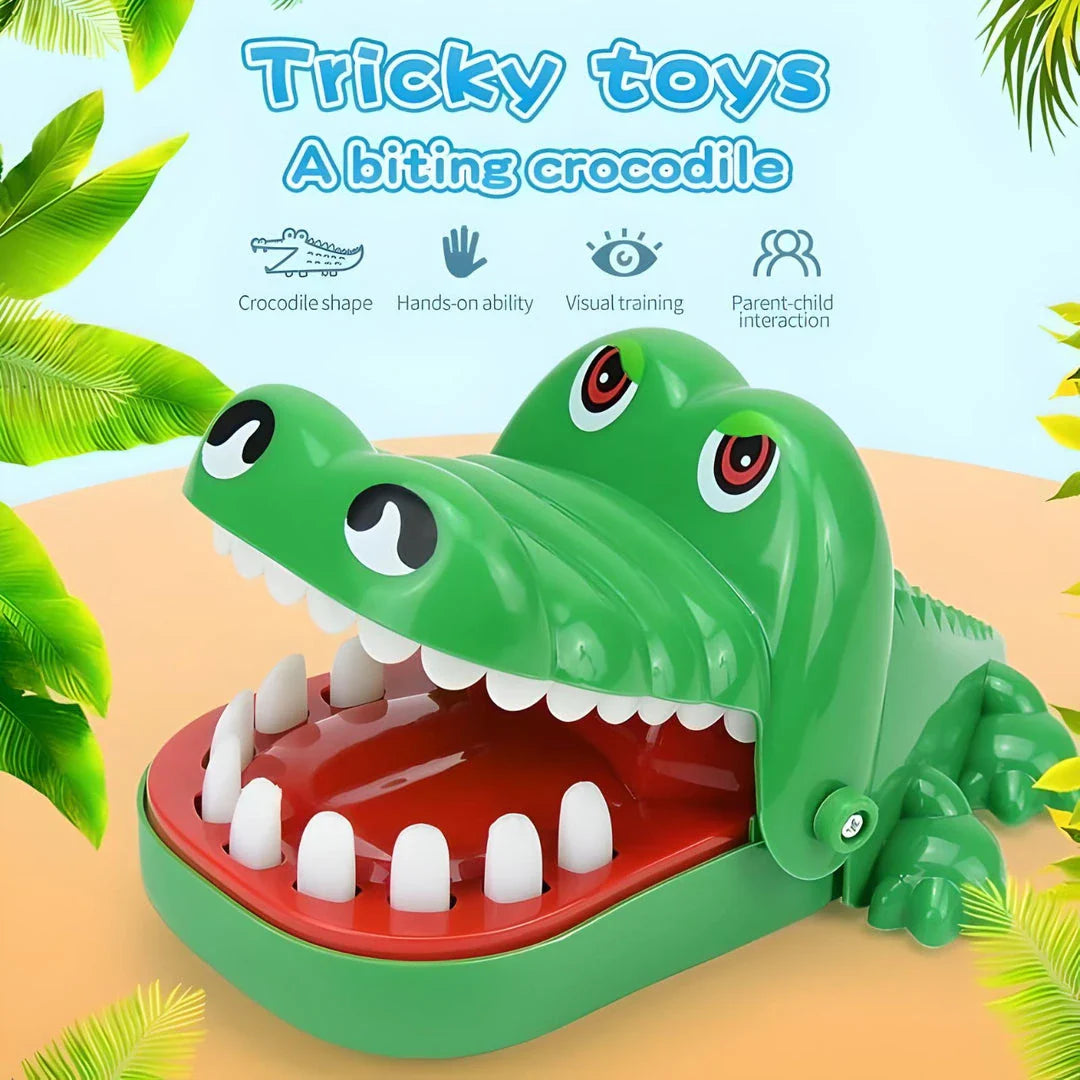 Whimsical green crocodile dentist game with bulging eyes and teeth, perfect for family fun and children's parties