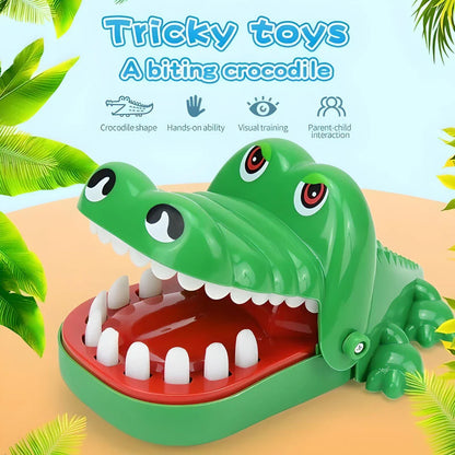 Whimsical green crocodile dentist game with bulging eyes and teeth, perfect for family fun and children's parties