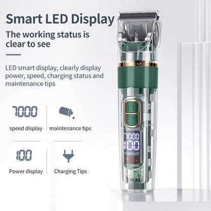 A professional pet hair trimmer with premium stainless steel blades and adjustable settings for customised grooming
