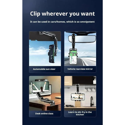 Premium 360-degree adjustable car phone holder for rearview mirror, featuring a durable and versatile design for secure smartphone mounting