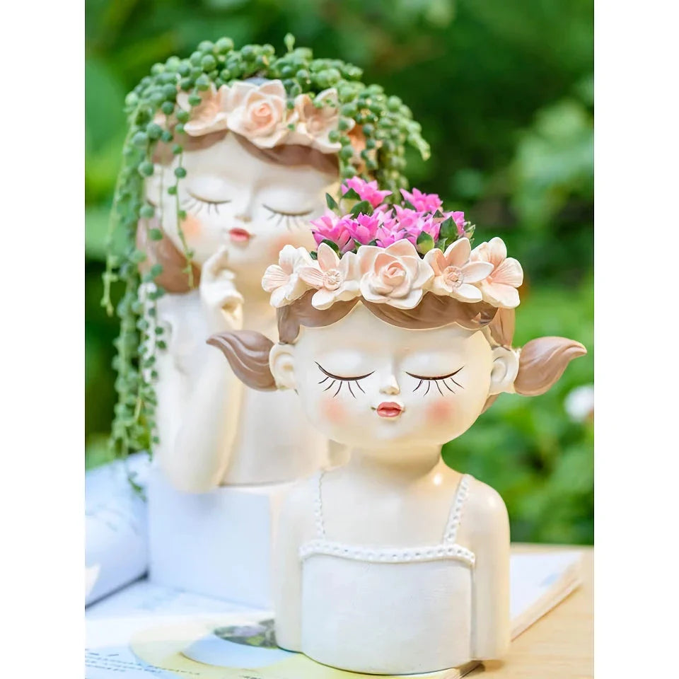 Charming 7.8-inch fairy girl planter made of high-quality resin with hand-painted details, perfect for succulents and small plants