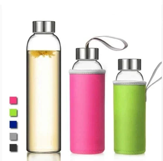 Premium minimalist glass sports water bottle in a variety of sizes and colours, designed for sustainable and stylish hydration