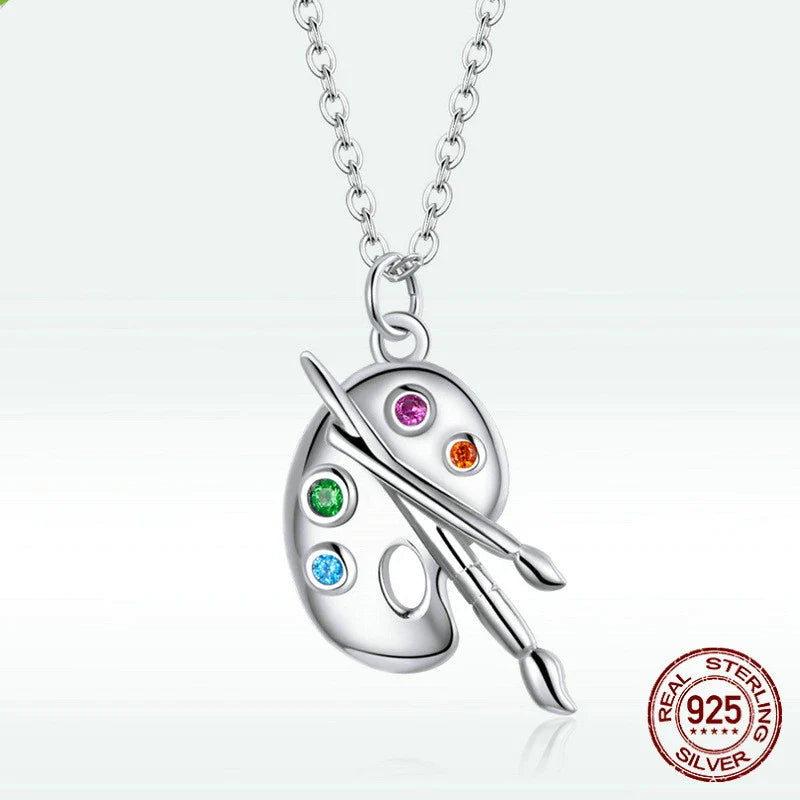 Elegant 925 silver necklace with white gold plated palette design and adjustable chain