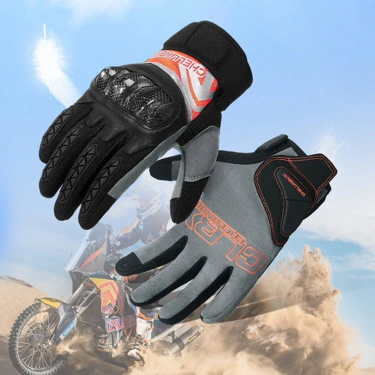 Pair of high-performance motorcycle riding gloves made from carbon fibre, featuring a sleek black design and reinforced palm and knuckle areas for superior protection.