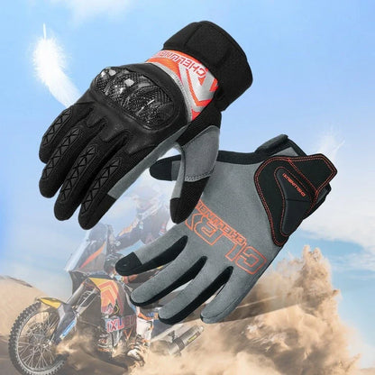 Pair of high-performance motorcycle riding gloves made from carbon fibre, featuring a sleek black design and reinforced palm and knuckle areas for superior protection.