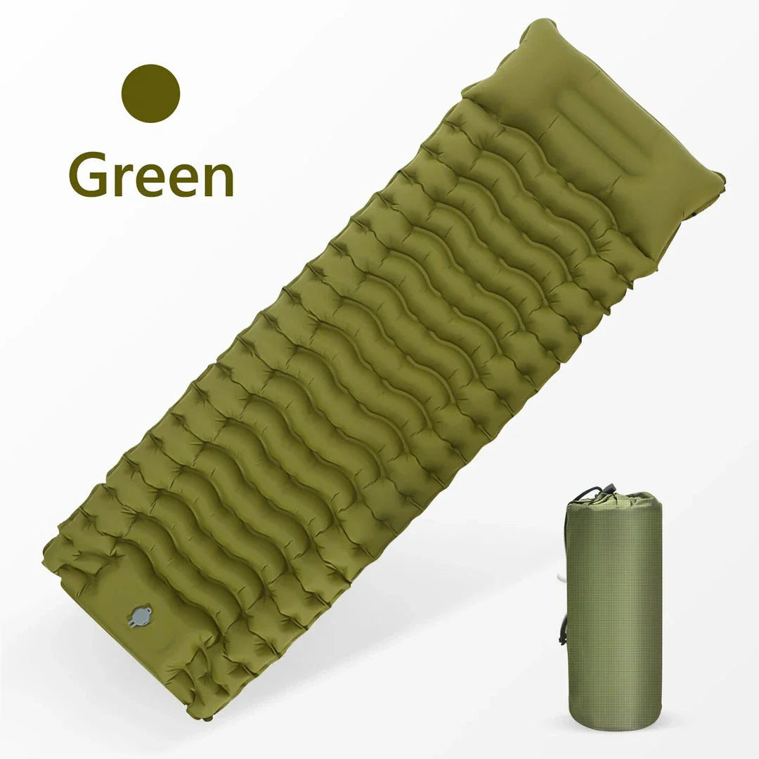 Luxury inflatable camping mattress with built-in pillow and foot pump for effortless inflation and superior comfort in the great outdoors