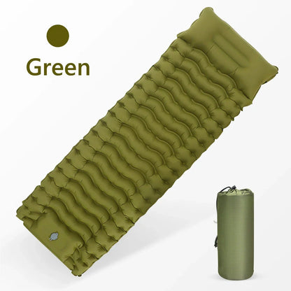 Luxury inflatable camping mattress with built-in pillow and foot pump for effortless inflation and superior comfort in the great outdoors