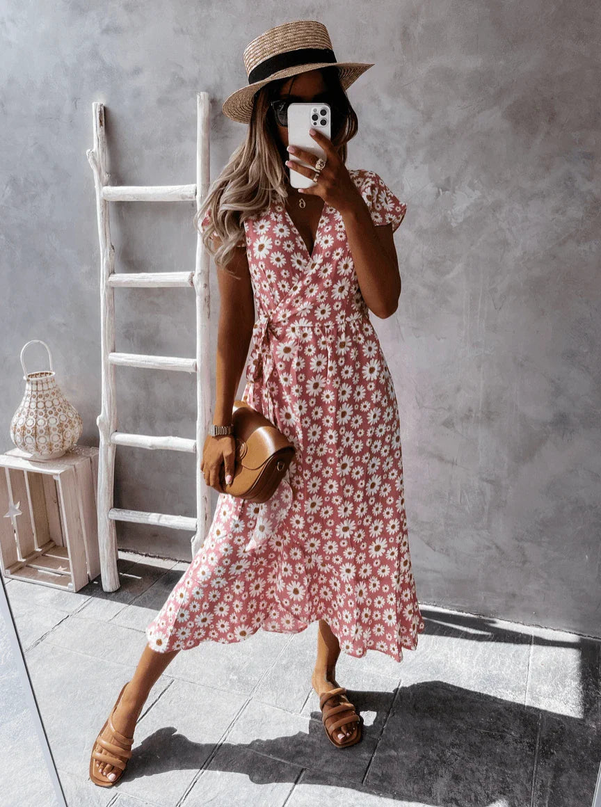 Chic V-Neck Elastic Waist Dress in Pink for a Flattering, Slimming Silhouette