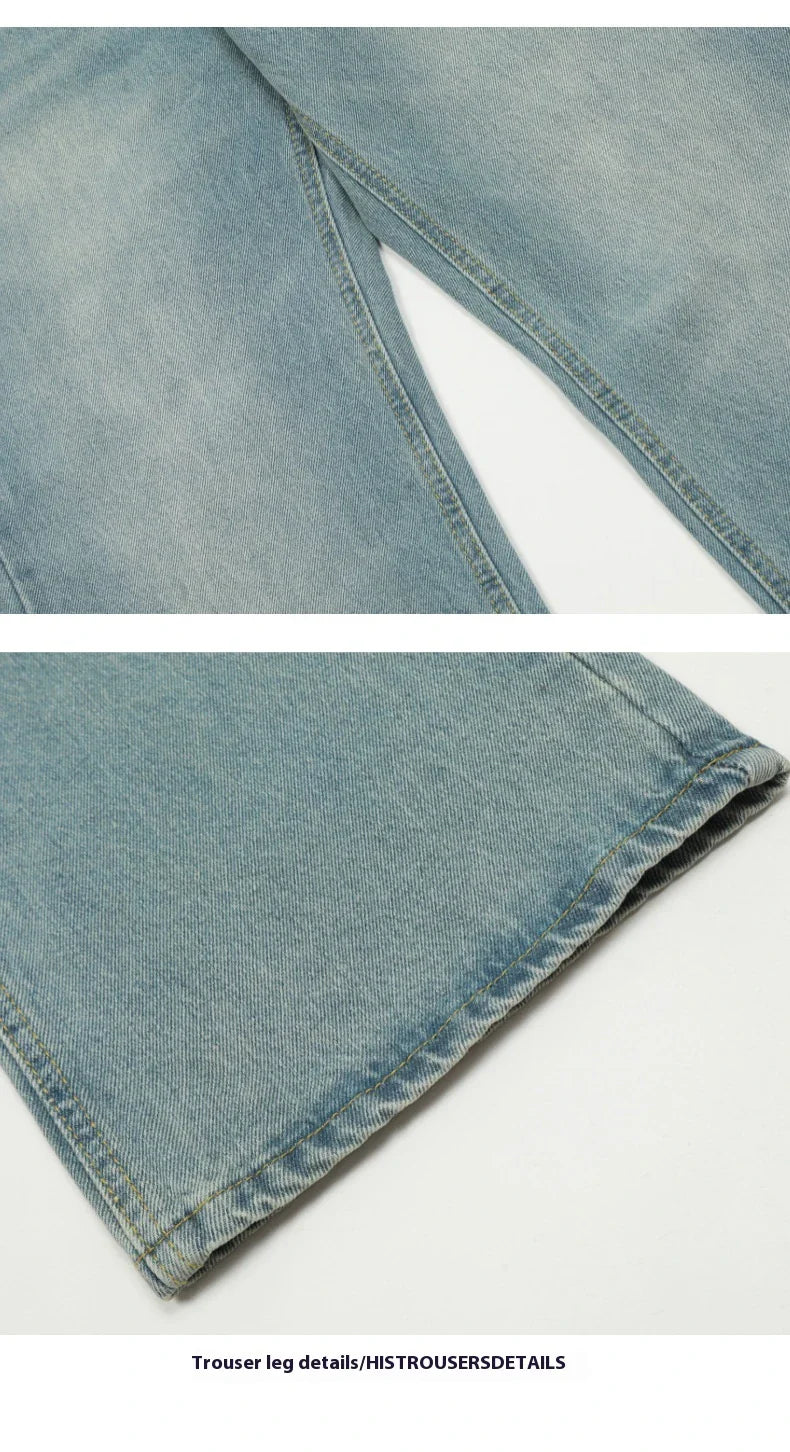 Premium light blue washed relaxed fit jeans with subtle fading and distressing, made from high-quality cotton for exceptional comfort and durability.