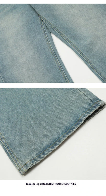 Premium light blue washed relaxed fit jeans with subtle fading and distressing, made from high-quality cotton for exceptional comfort and durability.