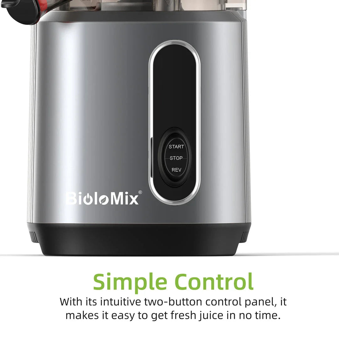 Premium cold press juicer with 200W motor, slow masticating process, and 3-inch wide feed chute for whole produce juicing