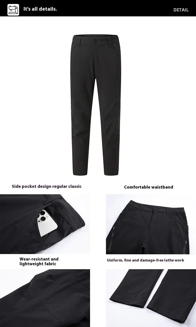 Weatherproof outdoor trousers for men in black, gray, and green colours with adjustable waistband and reinforced panels