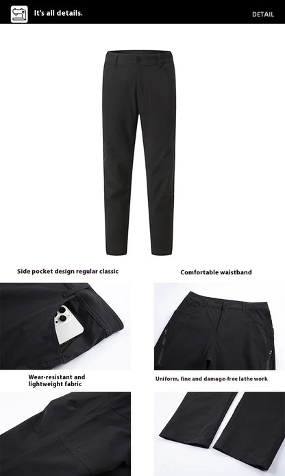 Weatherproof outdoor trousers for men in black, gray, and green colours with adjustable waistband and reinforced panels