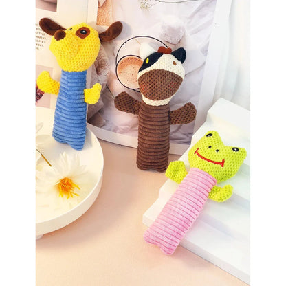 Interactive plush dog toys in the shape of corn kernels and dog figures, made of soft fleece material with built-in squeakers for endless playtime fun.