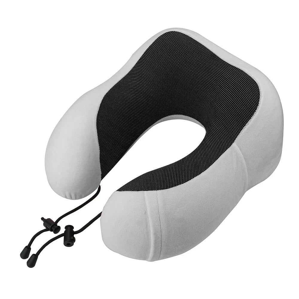 Premium memory foam travel pillow with soft cotton cover, designed for comfortable neck and spinal support during travel and relaxation