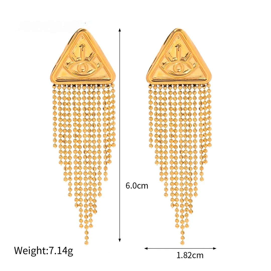 Elegant 18K gold-plated stainless steel triangle drop earrings with a captivating Devil's Eye fringe design