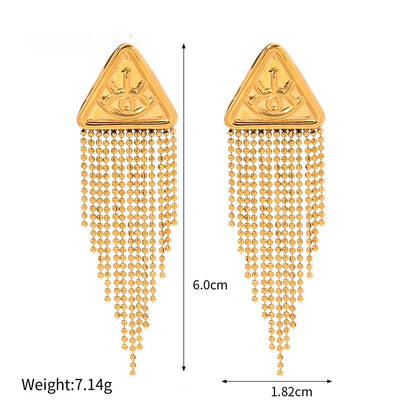 Elegant 18K gold-plated stainless steel triangle drop earrings with a captivating Devil's Eye fringe design
