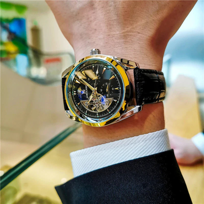 Elegant men's automatic mechanical watch with exquisite hollowed-out design, featuring luminous hands, moon phase display, and small seconds subdial.