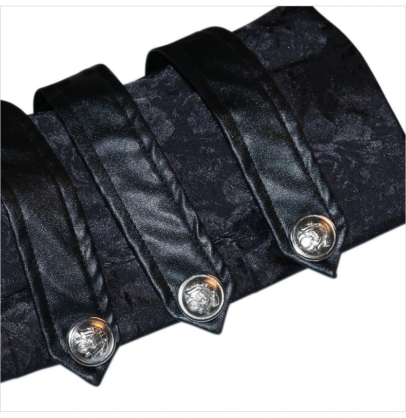 Black stand collar leather gothic cape coat with a flowing, dramatic silhouette