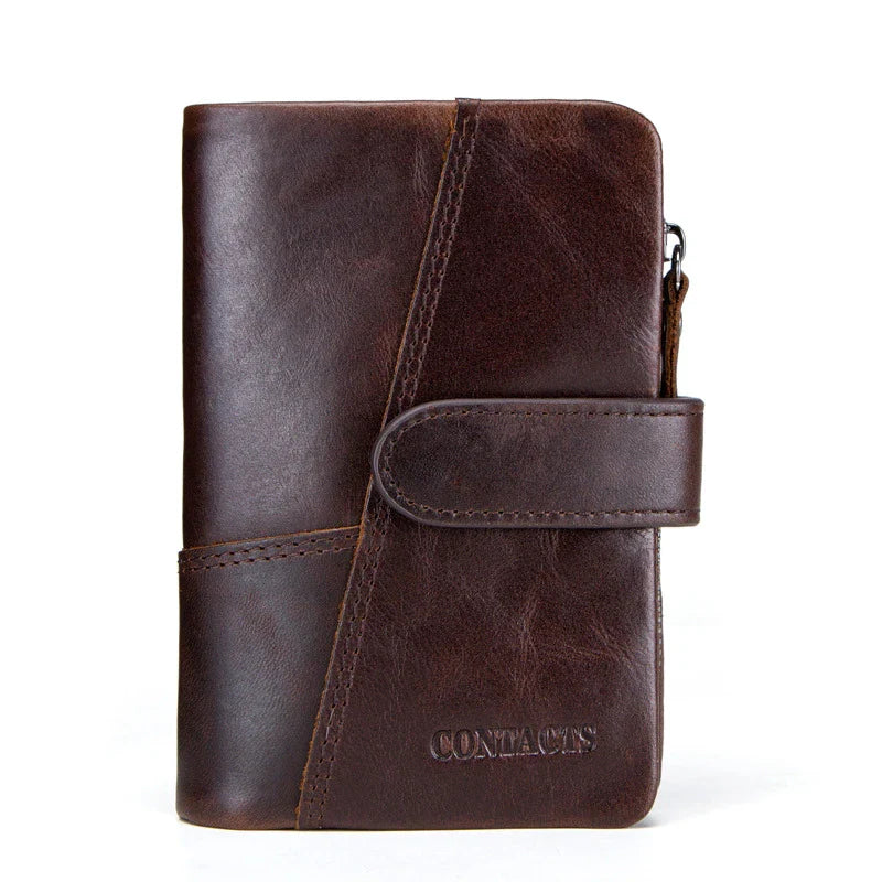 Premium genuine leather wallet with intricate stitching detail, designed for organised and stylish everyday carry
