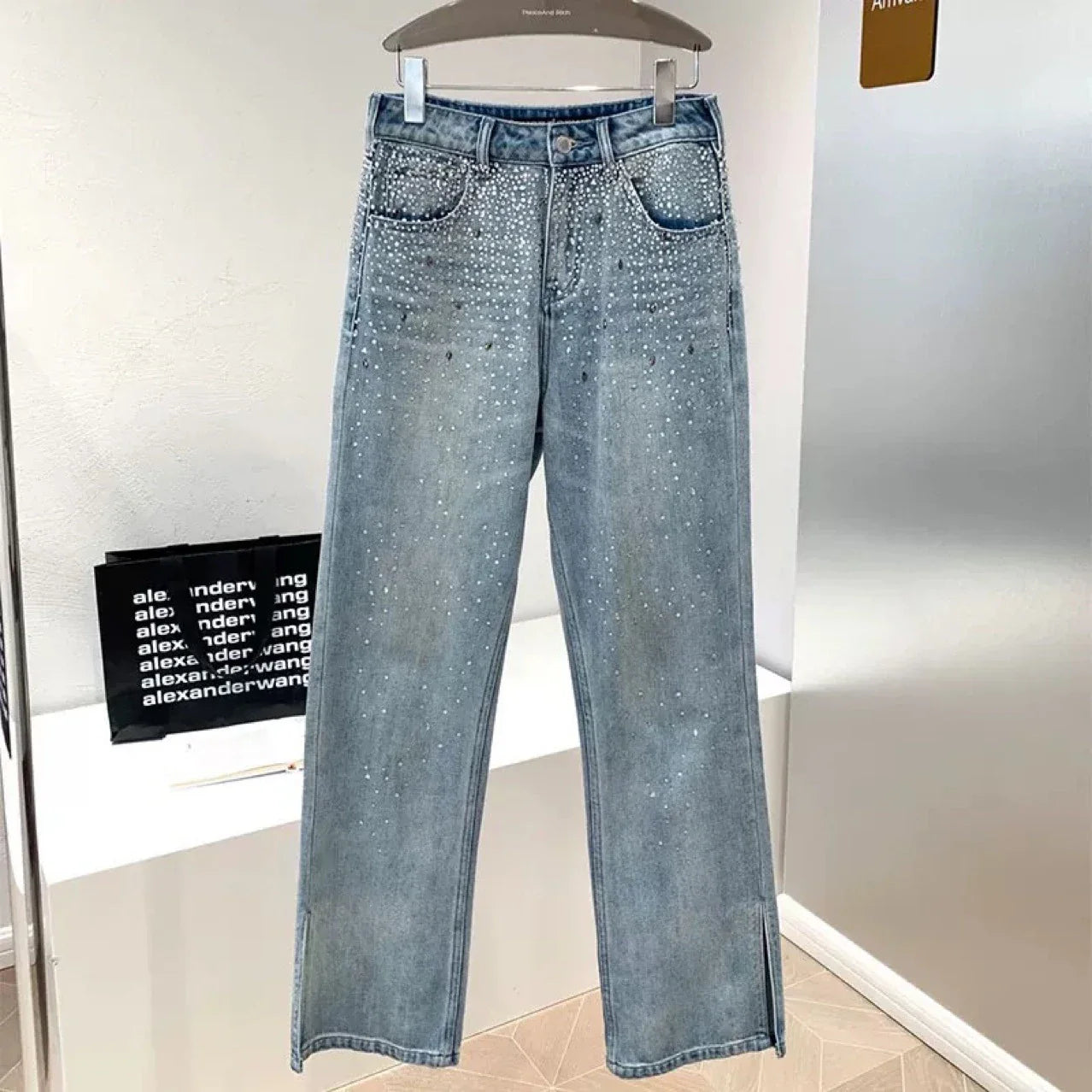 Premium high-waist rhinestone-embellished flared jeans for women in a sleek, versatile design