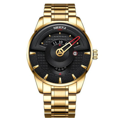 Premium gold-black quartz waterproof watch with alloy case and solid steel strap