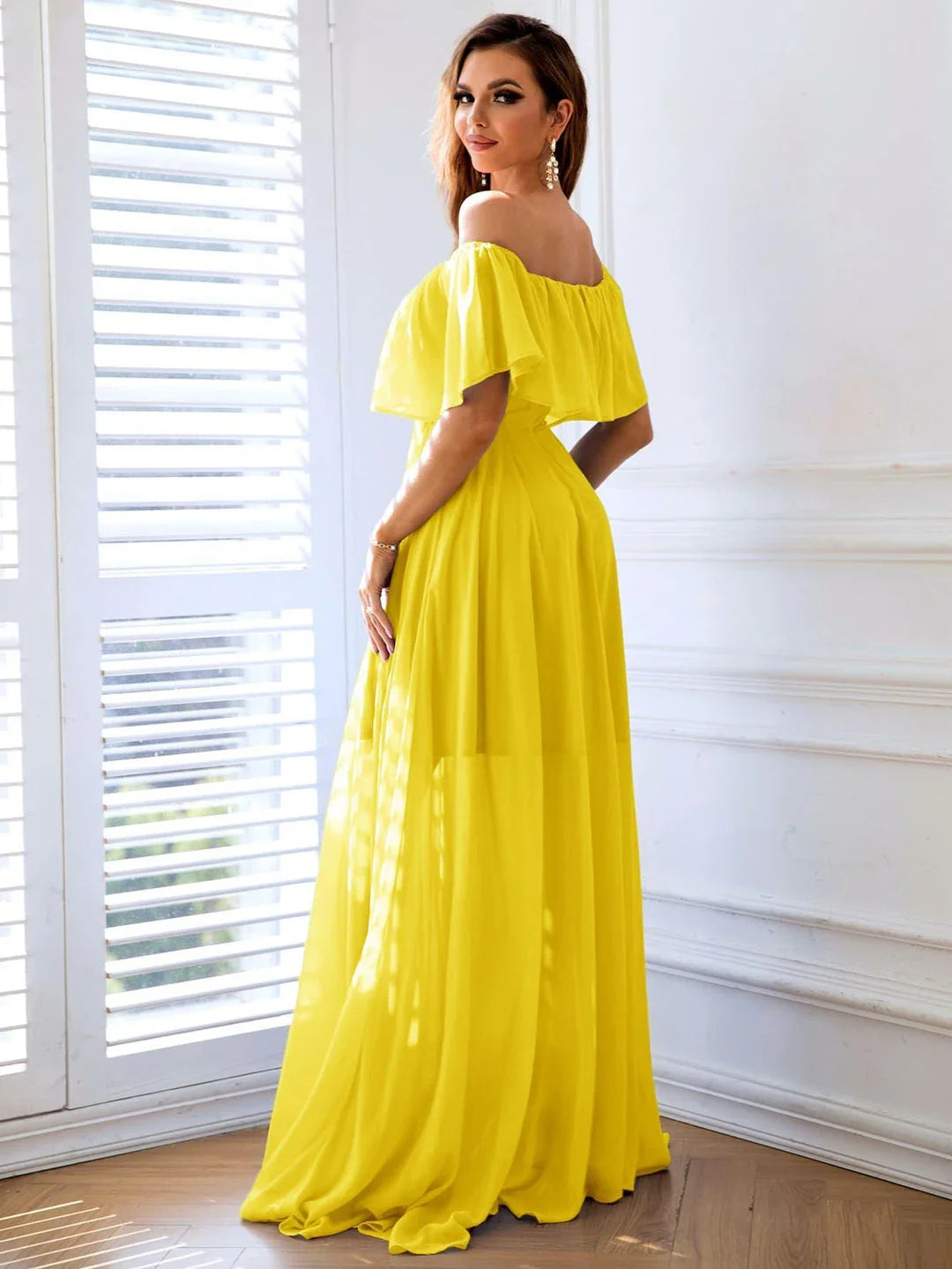 Stylish off-shoulder layered split maxi dress in yellow color, perfect for casual and sophisticated occasions.