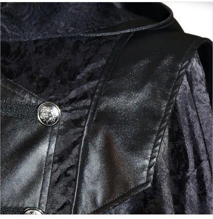 Black stand collar leather gothic cape coat with a flowing, dramatic silhouette