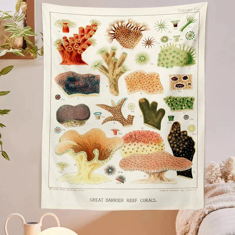 Mushroom Tapestry Wall Hanging with Botanical Print and Floral Illustrations
