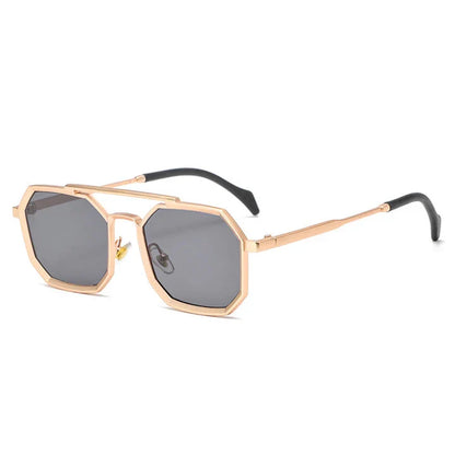 Stylish polygonal double bridge sunglasses with metal frames and mirror-coated lenses for men and women