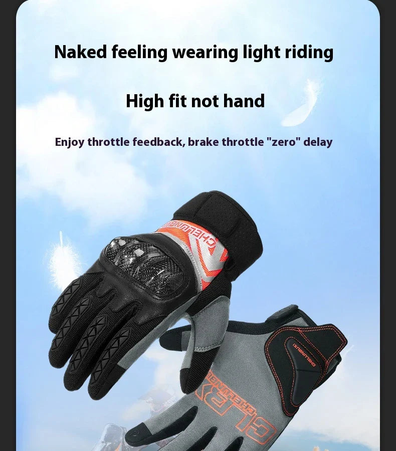 Pair of high-performance motorcycle riding gloves made from carbon fibre, featuring a sleek black design and reinforced palm and knuckle areas for superior protection.