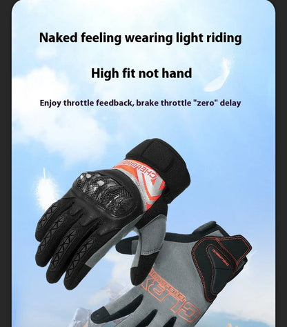 Pair of high-performance motorcycle riding gloves made from carbon fibre, featuring a sleek black design and reinforced palm and knuckle areas for superior protection.