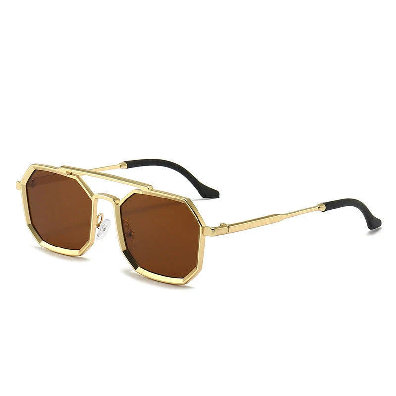Stylish polygonal double bridge sunglasses with metal frames and mirror-coated lenses for men and women