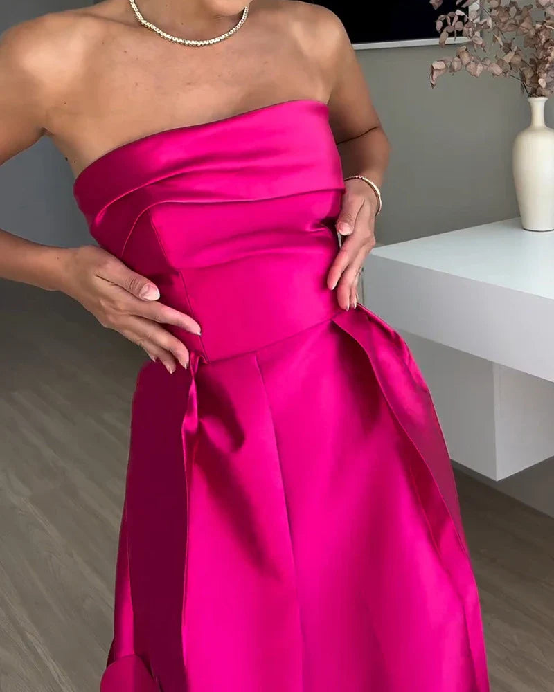 Elegant patchwork satin dress with sleek tube top, high-waist silhouette, and full-length swing skirt in vibrant rose red colour