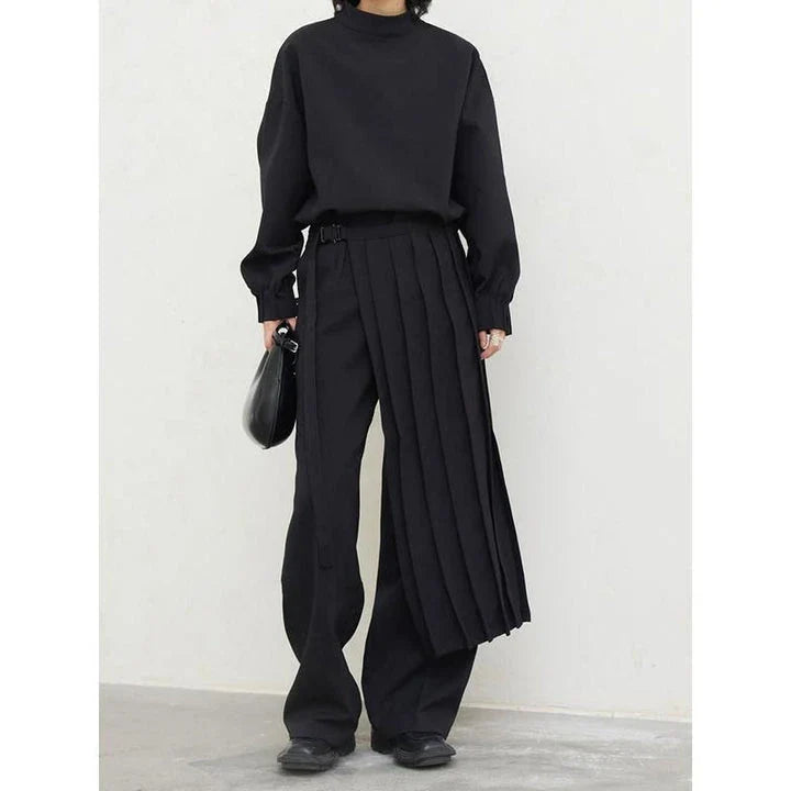 Fashionable pleated sweatshirt and wide-leg trousers set in grey, featuring a relaxed, comfortable silhouette and modern design.