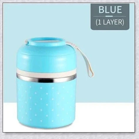 Insulated Hot Food Thermos Lunchbox Tower with multi-layer design and choice of green, pink, blue, or gray colour