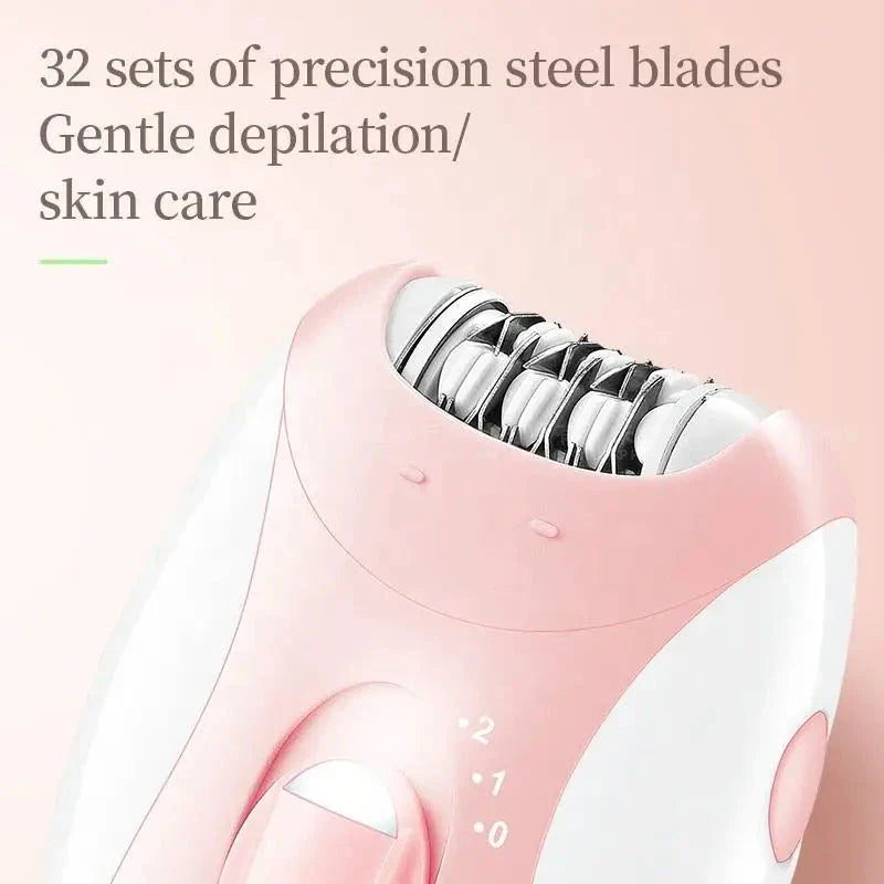 Cordless rechargeable women's epilator with pink body, designed for smooth and effortless hair removal on the face, legs, bikini area, underarms and arms