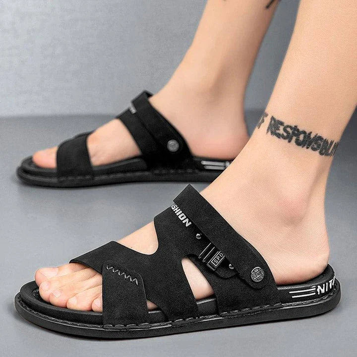 Premium British-made beach sandals with breathable PU upper, non-slip rubber sole, and adjustable buckle closure