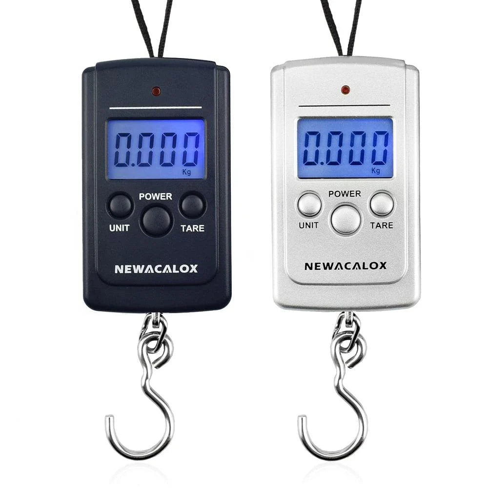Premium portable digital luggage scale with weighing hook for travel, made with durable ABS plastic and featuring an easy-to-read LCD display