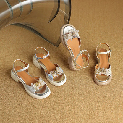 Premium genuine leather gladiator sandals with chunky square heel, adjustable strap, and unique checkered pattern design
