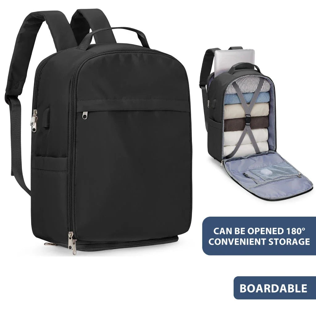 Premium airline-approved travel backpack in purple, featuring waterproof nylon construction, multiple compartments, and comfortable design