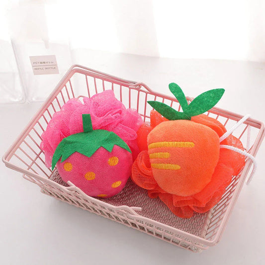 Colourful cartoon fruit-shaped exfoliating shower sponge made from durable nylon mesh