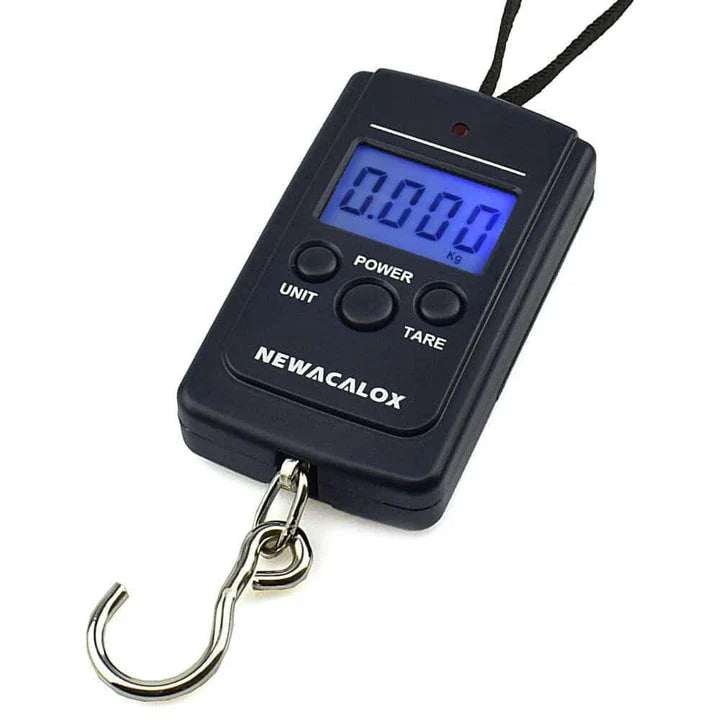 Premium portable digital luggage scale with weighing hook for travel, made with durable ABS plastic and featuring an easy-to-read LCD display